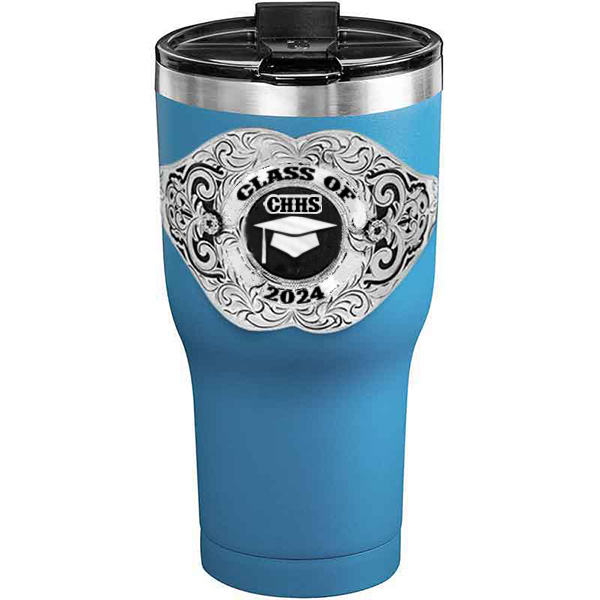 A customized tumbler made of stainless steel with a personalized engraved Class of 2024 lettering with graduate cap figure, 30 oz, ideal for coffee or cool drinks